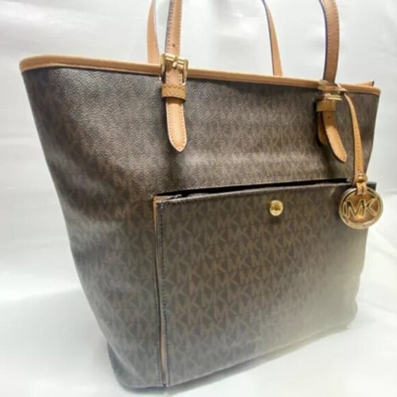 Michael Kors Jet Set Signature Leather PVC Large Snap Pocket Tote Brown on Brown - Picture 9 of 16
